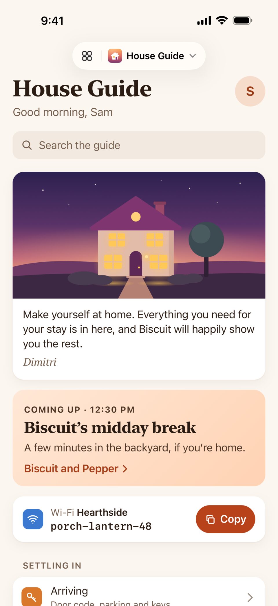 House Guide, a guide to a home for a house sitter, open full screen in Ovenlight: a greeting, a search field, a drawing of the house at dusk, a welcome note, what's next for Biscuit the dog and the Wi-Fi password.