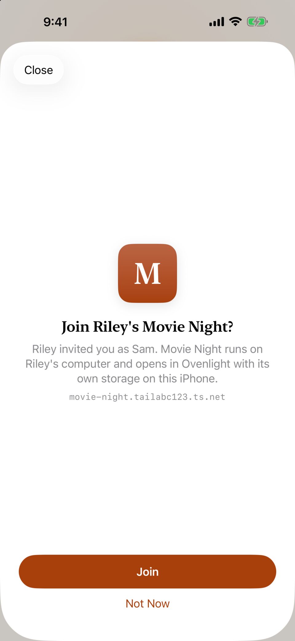 An invite in Ovenlight asking: Join Riley's Movie Night? It explains the app runs on Riley's computer, with Join and Not Now buttons.