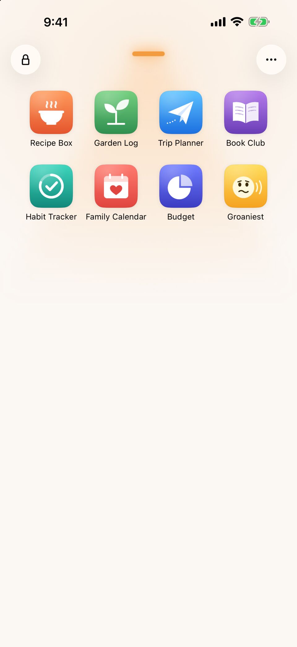The Ovenlight launcher on an iPhone: eight apps, among them Recipe Box, Garden Log, Trip Planner and Book Club, laid out like a Home Screen under the lamp's glow.