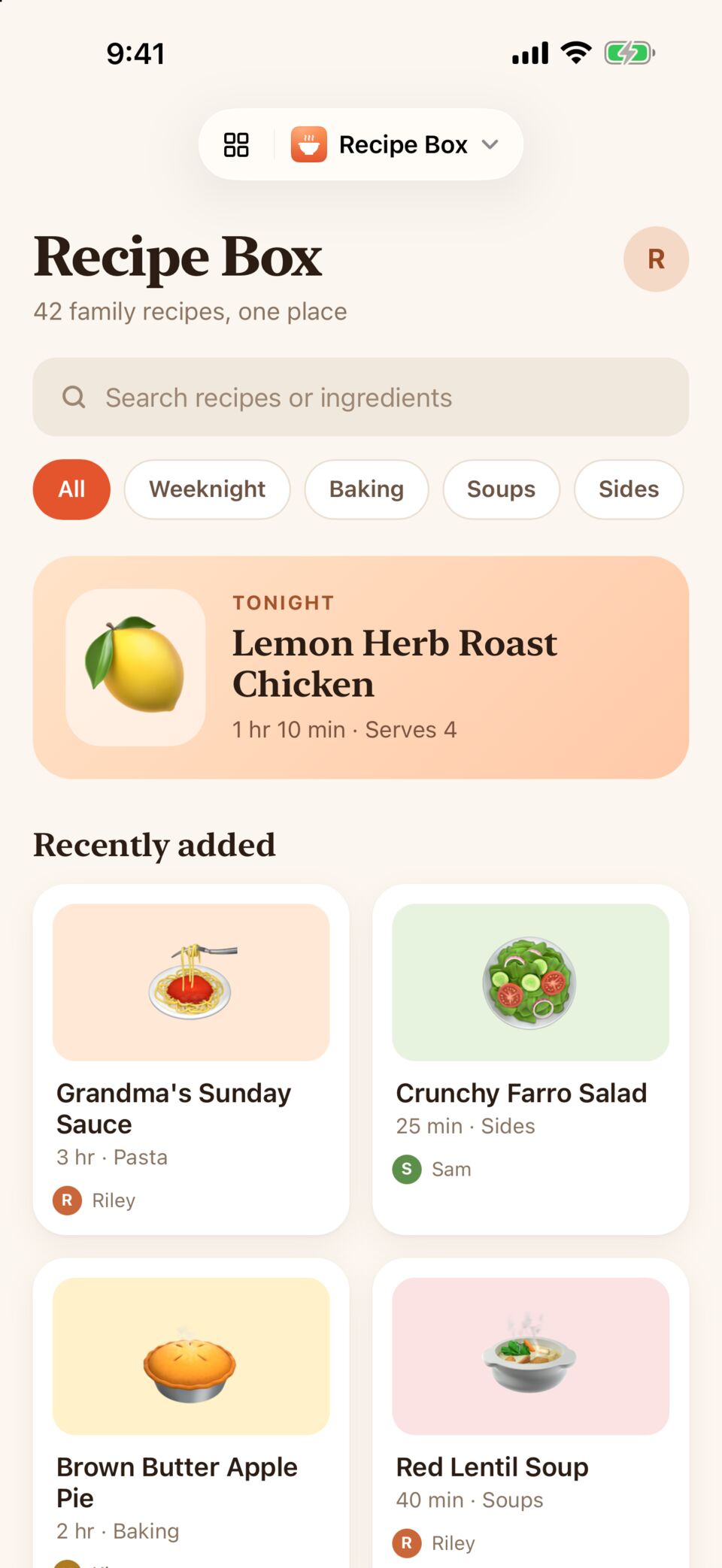 Recipe Box, a family recipe app, open full screen in Ovenlight: a search field, recipe categories, tonight's dinner and recently added recipes.